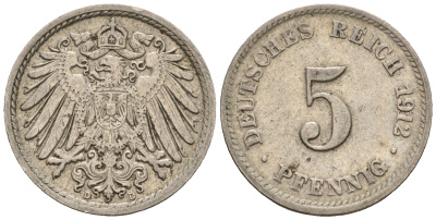Германия 5 пфеннигов 1912 D, KM 11, J. 12 медно-никель 220-644