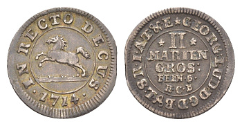 Брауншвейг-Каленберг-Ганновер 2 мариенгроша 1714 HCB, Георг I (1698-1727), из коллекции Ричарда Б. Смита Welter 2206 серебро 1525-924