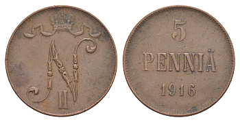 Россия для Финляндии 5 пенни 1916 Николай II (1894-1917) Биткин 456 медь 4605-645