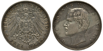 Бавария 3 марки 1910 Отто (1886-1913) Weege 45, J. 47, KM 515 серебро 3711-1621