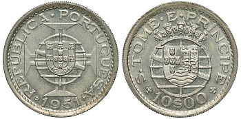Португальское Сан-Томе и Принсипи 10 эскудо 1951 год тип KM 14 серебро 443-1044