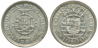 Португальское Сан-Томе и Принсипи 10 эскудо 1951 год тип KM 14 серебро 443-1044