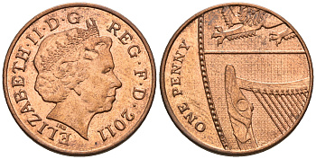 Великобритания 1 пенни 2011 Елизавета II (1952-2022) KM 1107, Spink B6 сталь плакированная медью 177-733
