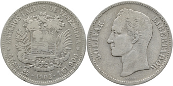 Венесуэла 5 боливаров 1902 Симон Боливар KM 24.2 серебро 1525-1145