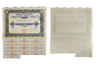 Франция, Simon Carves акция в 250 франков 1920 27 купонов бумага 48-85-1-2