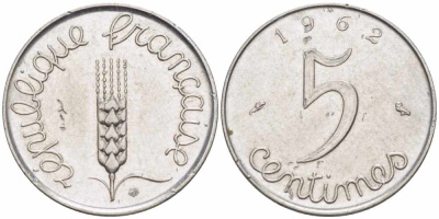 ФРАНЦИЯ 5 САНТИМОВ 1962 ПЯТАЯ РЕСПУБЛИКА KM 927, LE FRANC 124.4 хромированная сталь 105-423
