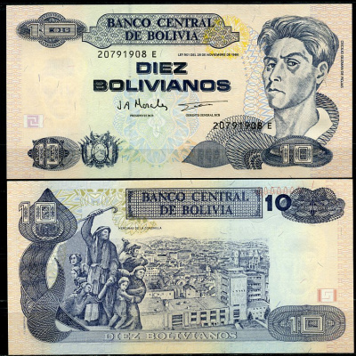 Боливия 10 боливиано 1986 (1987-2001) серия E, Сесилио Гусман де Рохас Pick 204 c  бумага  UNC (пресс) 7202-6-2