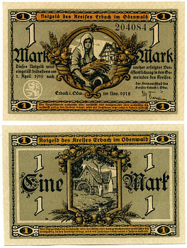 ЭРБАХ-ОДЕНВАЛЬД, ГЕРМАНИЯ 1 МАРКА 1918-1919 НОЯБРЬ 1918 - 1 АПРЕЛЯ 1919, НОТГЕЛЬД, ЗЕМЛЯ ГЕССЕН Geiger 135.01 бумага аUNC 8613-15-3-2