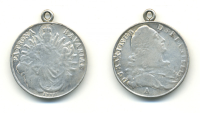 Бавария 1 талер 1775 А, Максимилиан III Иосиф (1745-1777), мадонна, на подвеске КМ 234.2, Dav. 1954 серебро 11-208-42
