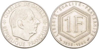 ФРАНЦИЯ 1 ФРАНК 1988 ШАРЛЬ ДЕ ГОЛЬ, 30 ЛЕТ РЕСПУБЛИКЕ KM 943, LE FRANC 227.2 никель 217-244