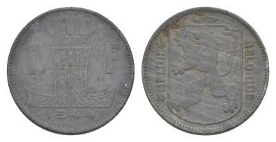 Бельгия 1 франк 1944 Belgique - Belgie, Леопольд III (1934-1947), германская оккупация, Вторая мировая война KM 128 цинк 4636-229