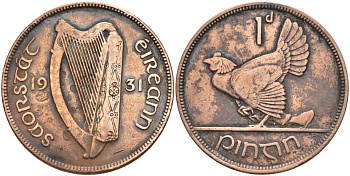 Ирландия 1 пенни 1931 курица с цыплятами KM 3 бронза 88-326