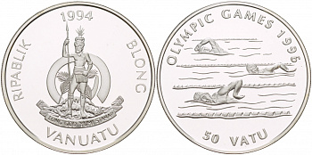 Вануату 50 вату 1994 Олетние Олимпийские игры 1996 года в Атланте, плавание KM 24 серебро PROOF 1088-3-44