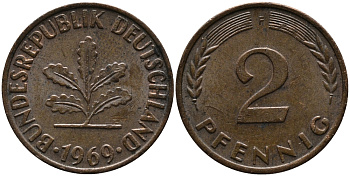 ФРГ 2 ПФЕННИГА 1969 F KM 106а, J.381а сталь плакированная сталь плакированная медьюю 33-232