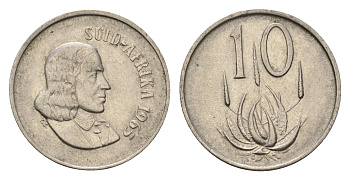 ЮАР 10 центов 1965 Ян ван Рибек (1619-1677), Suid Africa, легенда на африкаанс, цветок алоэ KM 68.2 никель 4687-333