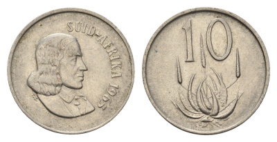 ЮАР 10 центов 1965 Ян ван Рибек (1619-1677), Suid Africa, легенда на африкаанс, цветок алоэ KM 68.2 никель 4687-333