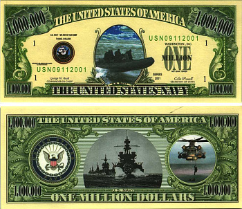 США 1000000 ДОЛЛАРОВ 2001 СУВЕНИРНАЯ БАНКНОТА, СЕРИЯ АРМИЯ США, ВМФ, ГЛАВНОКОМАНДУЮЩИЙ ДЖЮ БУШ, ГОССЕКРЕТАРЬ ДОНАЛЬД РУМСТФЕЛЬД бумага UNC (ПРЕСС) 7198-35-4-2