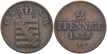 САКСОНИЯ 2 ПФЕННИГА 1855 F KM 1185 медь 100-332