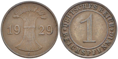 ГЕРМАНИЯ 1 РЕЙХСПФЕННИГ 1929 Е KM 37, J. 313 бронза 75-1464
