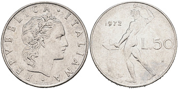 Италия 50 лир 1972 R, Бог огня Вулкан у наковальни KM 95.1 нержавеющая сталь 4573-813
