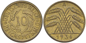 ГЕРМАНИЯ 10 РЕЙХСПФЕННИГОВ 1936 A KM 40, J. 317, Weege 9 алюминиевая бронза 210-424