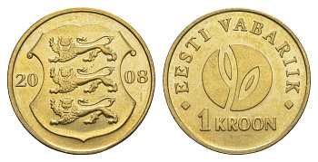 Эстония 1 крона 2008 90 лет Эстонской республике KM 44 латунь UNC 4652-934