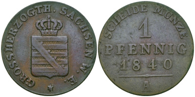 Саксен-Веймар-Эйзенах 1 пфенниг 1840 А, Карл Фридрих Саксен-Веймар-Эйзенахский (1828-1853) KM 81, Jaeger 527, AKS 31 медь    99-561