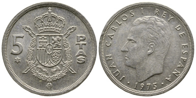 Испания 5 песет 1975 (76) Хуан Карлос I (1975-2014) KM 807 медно-никель 4610-227