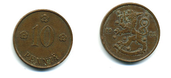 Финляндия 10 пенни 1922 республика (1918-1962) KM 24 медь 46-434