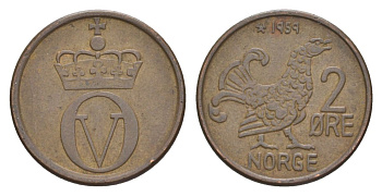 Норвегия 2 эре 1959 Улаф V (1957-1991) KM 410 бронза 4635-334