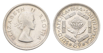 ЮАР 6 пенсов 1954 Елизавета II (1952-2022) KM 48 серебро UNC 4679-144