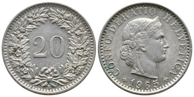 ШВЕЙЦАРИЯ 20 РАППЕНОВ 1965 В KM 29а медно-никель 26-244