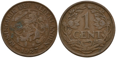 Нидерланды 1 цент 1927 Вильгельмина I (1890-1948) KM 152 бронза 4154-915