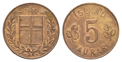 Исландия 5 эйре 1946 KM 9 бронза UNC 4691-323