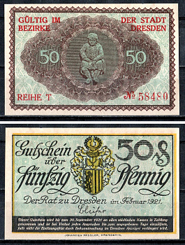 Дрезден (Саксония) 50 пфеннигов 1921 Mehl Grabowski D30.3 бумага UNC (пресс) 7555-55-3-2