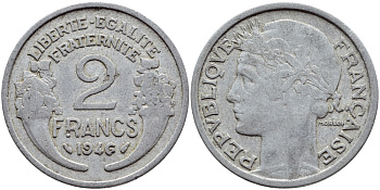 ФРАНЦИЯ 2 ФРАНКА 1946 KM 886а.1 алюминий 4397-736