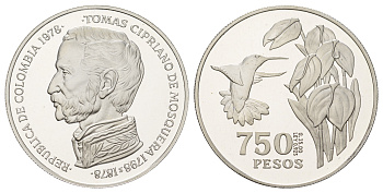 Колумбия 750 песо 1978 100 лет со дня смерти Томаса Чиприано де Москера, тираж 3.100 экземпляров KM 265 серебро PROOF 00-815-10