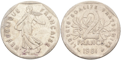 Франция 2 франка 1981 KM 942.1 никель 63-641