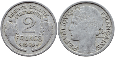 ФРАНЦИЯ 2 ФРАНКА 1946 KM 886а.1 алюминий 4397-736