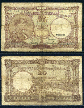 Бельгия 20 франков 1945 11.01.1945, Король Альберт I и его жена Королева Елизавета, Гран-Плас / Гроте Маркт, Брюссель Pick 111 (3) бумага 6301-12-2-2