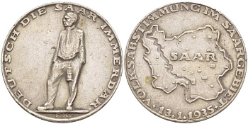 Германия медаль 1935 референдум в Саарленде, 21,7 гр, 36 мм серебро 1084-2-12