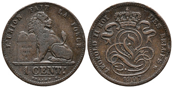 БЕЛЬГИЯ 1 САНТИМ 1907 BELGES KM 33.1 медь 4387-337