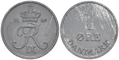 Дания 1 эре 1968 С; S, Фредерик IX (1947-1972) KM 839.2 цинк UNC 4547-1015