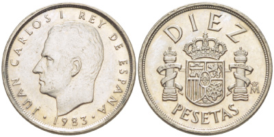 ИСПАНИЯ 10 ПЕСЕТ 1983 ХУАН КАРЛОС I ( 1975-) KM 827 медно-никель XF4181-1039