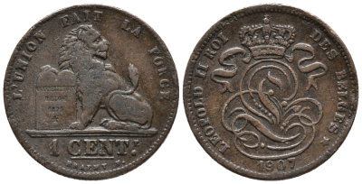 БЕЛЬГИЯ 1 САНТИМ 1907 BELGES KM 33.1 медь 4387-337