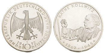 Германия 10 марок 1992 G, 125 лет со дня рождения Кете Кольвиц KM 178 серебро UNC 4634-1025
