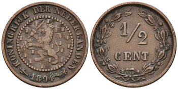 Нидерланды 1/2 цента 1894 Вильгельмина (1890-1948) KM 108 бронза 4576-132