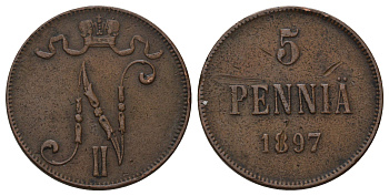 Россия для Финляндии 5 пенни 1897 Николай II (1894-1917) Биткин 442 медь 4128-327
