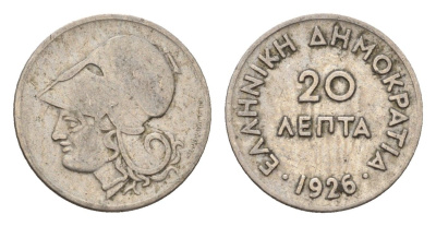 Греция 20 лепт 1926 Афина в коринфском шлеме, год-тип KM 67 медно-никель 4668-1248
