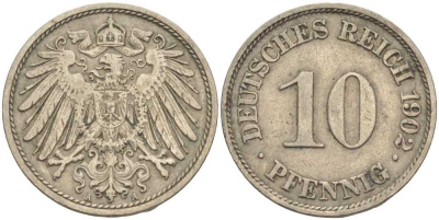 ГЕРМАНИЯ 10 ПФЕННИГОВ 1902 A KM 12, J. 13 медно-никель 4401-1243